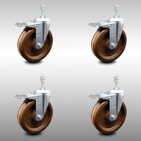 Service Caster 5 Inch SS High Temp Phenolic 3/8 Inch Threaded Stem Caster Set Total Lock Brake SCC-SSTSTTL20S514-PHSHT-381615-4